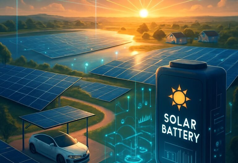 Futuristic landscape with solar panels, floating solar farm, solar battery, electric car charging, digital overlays, and sunrise sky