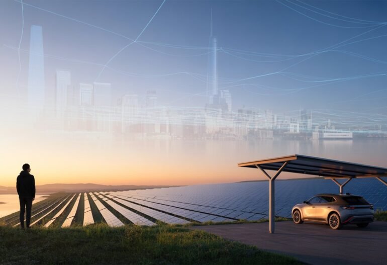 Person and car by solar panels at sunrise, city skyline with digital lines above.
