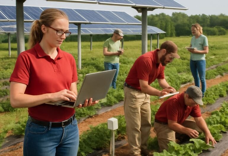 Researchers using laptops and tablets in a vegetable field under elevated solar panels, demonstrating smart farming and renewable energy integration.