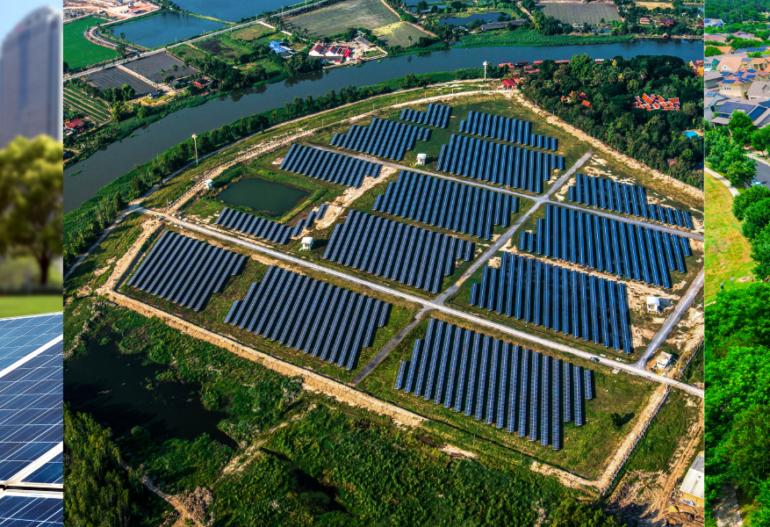 A collage showing urban solar panels near skyscrapers, a large-scale solar garden near a river, and suburban homes with rooftop solar panels.