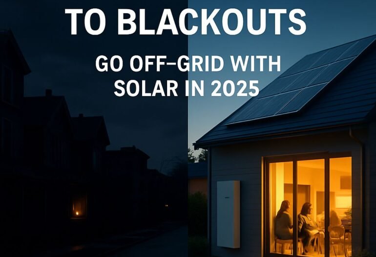 A split image showing a dark neighborhood blackout on the left and a solar-powered, brightly lit home on the right with the text: "Say Goodbye to Blackouts – Go Off-Grid with Solar in 2025.