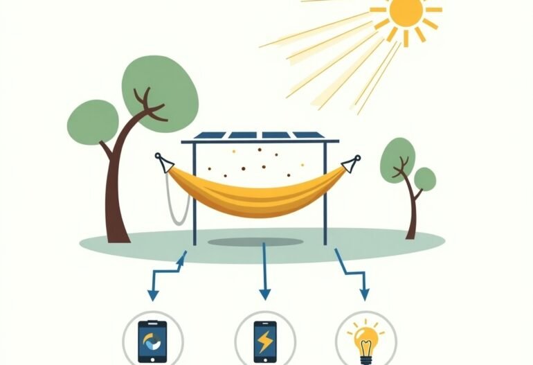 Illustration of a hammock setup with a solar panel on top, sunlight shining down, and arrows showing energy flow from the panel to a battery and LED light.