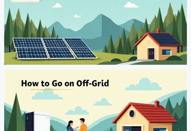 Illustration showing a home powered by solar panels and batteries, with a focus on off-grid living in 2025.