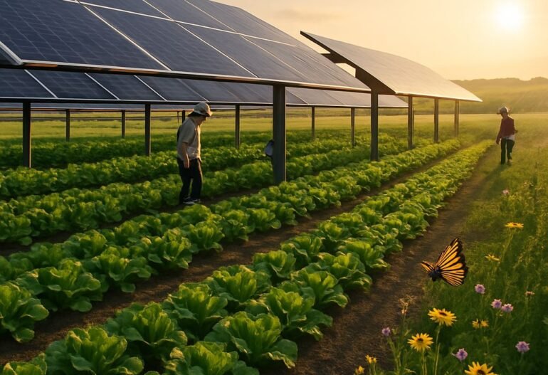 Farmers working in a green vegetable field beneath elevated solar panels during sunset, with flowers and a butterfly in the foreground.