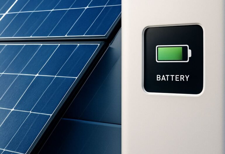 Close-up of solar panels next to a home battery system showing a full charge indicator.