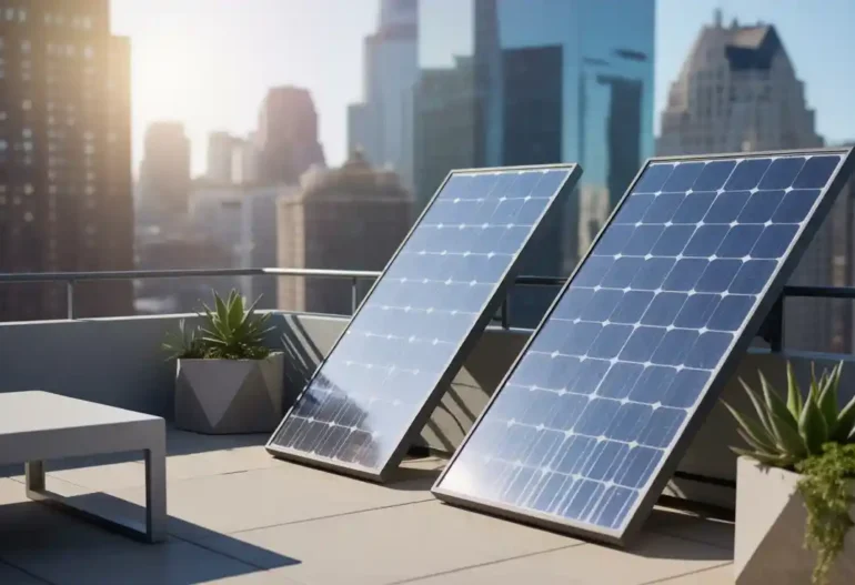 Solar panels installed on a balcony of a city apartment building with modern glass doors and plants.