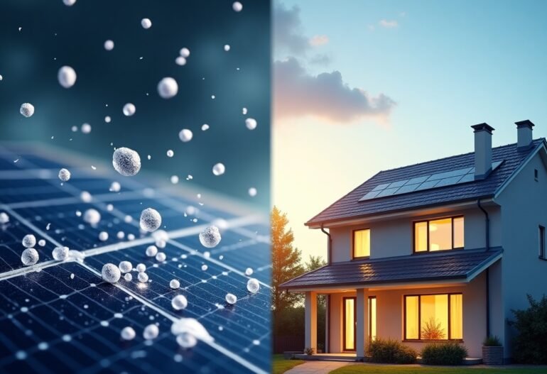 Split image of hailstones hitting solar panels on one side and a brightly lit modern home with solar panels at sunset on the other, illustrating solar durability and reliability in all weather