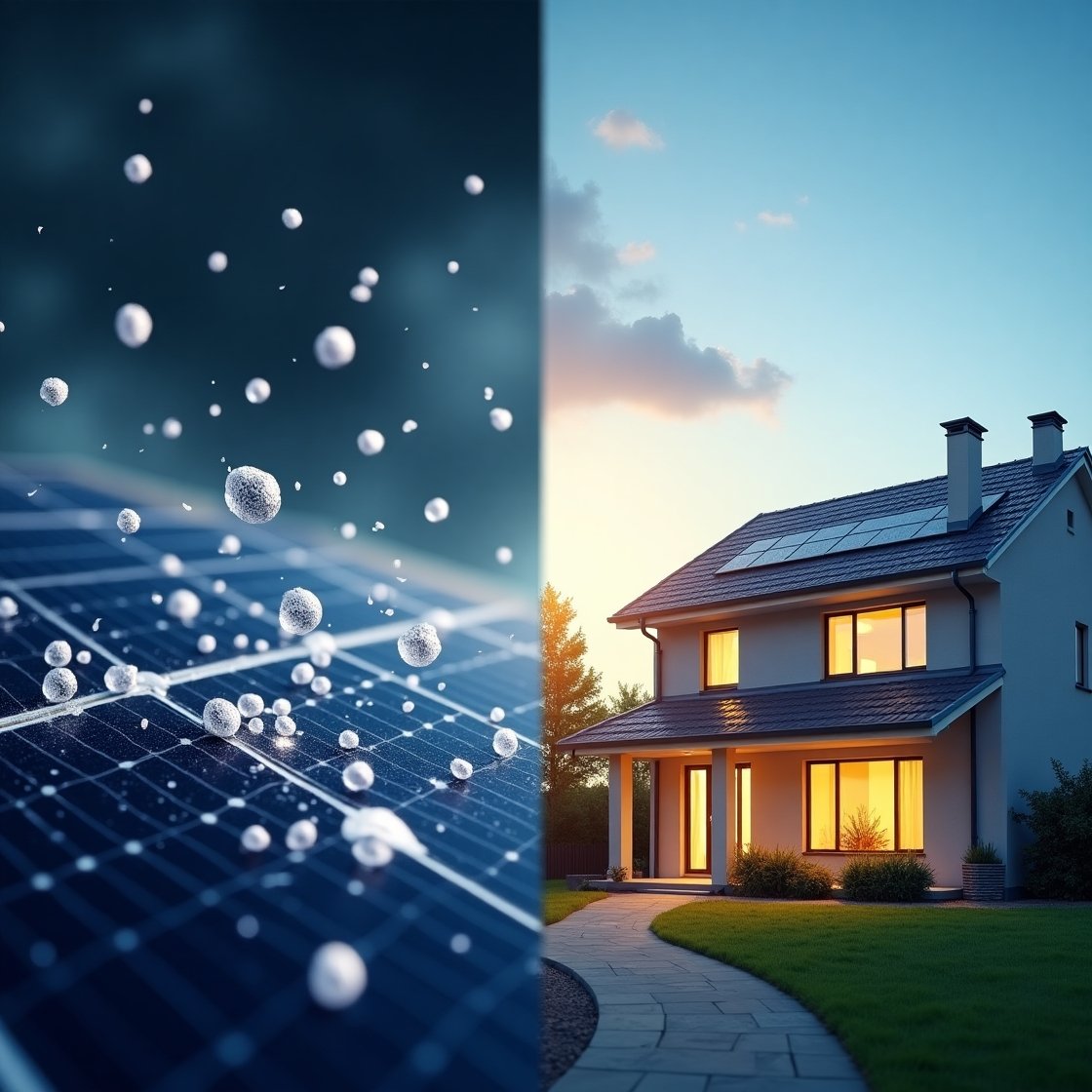 Split image of hailstones hitting solar panels on one side and a brightly lit modern home with solar panels at sunset on the other, illustrating solar durability and reliability in all weather