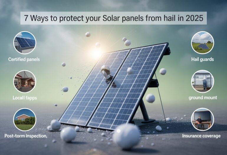 Infographic showing a solar panel being hit by hailstones, with icons listing seven protection tips: certified panels, local apps, post-storm inspection, hail guards, ground mounts, and insurance coverage.