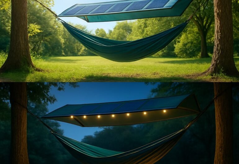 Split image of a hammock with solar panels in a forest—top half shows daytime with sunlight, bottom half shows nighttime with LED lights glowing under the solar canopy.