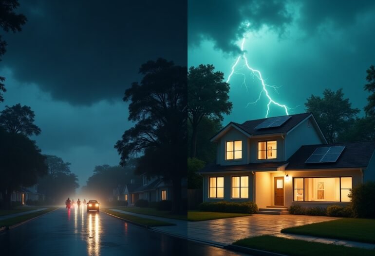 A split image showing a power outage on a dark street while a home with solar panels remains brightly lit during a thunderstorm with lightning.