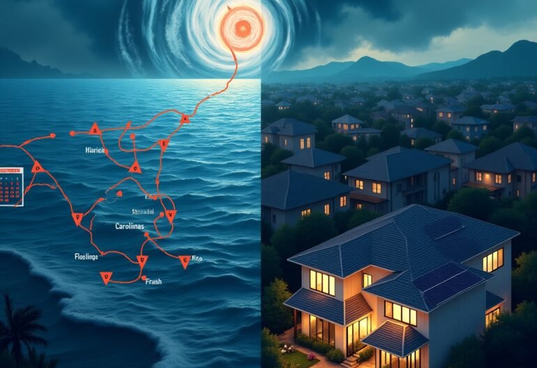 Split image showing a hurricane map over the ocean approaching the Carolinas on one side, and a brightly lit solar-powered home at night on the other, highlighting solar energy resilience during storms.