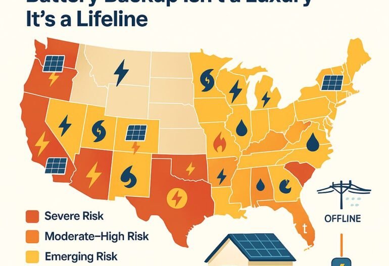 Map of the U.S. with states color-coded for blackout risk and icons showing storms, fires, and solar solutions. A solar-powered house with battery backup is shown as a lifeline during outages.