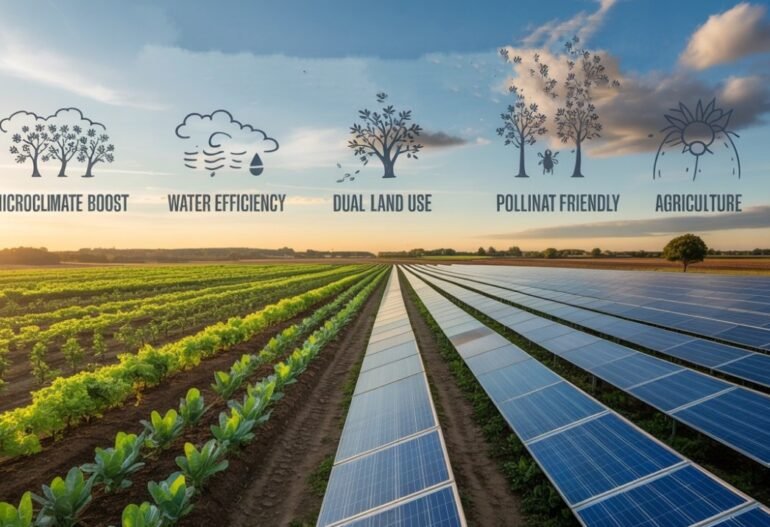Rows of crops growing alongside solar panels under a clear sky, with icons above illustrating benefits like microclimate boost, water efficiency, dual land use, pollinator support, and agriculture.