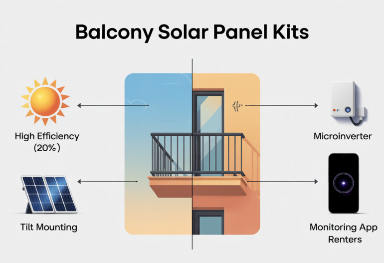Diagram showing a balcony with solar panel kit features: high efficiency (20%), tilt mounting, microinverter, and mobile monitoring app.
