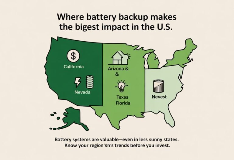 Alt text: A three-panel promotional image showing Tesla Powerwall 3 on the left, Enphase IQ Battery in the middle, and Anker SOLIX on the right, each in a bright U.S. home setting with icons for backup power, solar, and smart control.