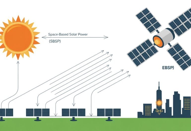 Illustration comparing space-based solar power (SBSP) using satellites with earth-based solar power (EBSP) from ground-mounted solar panels.