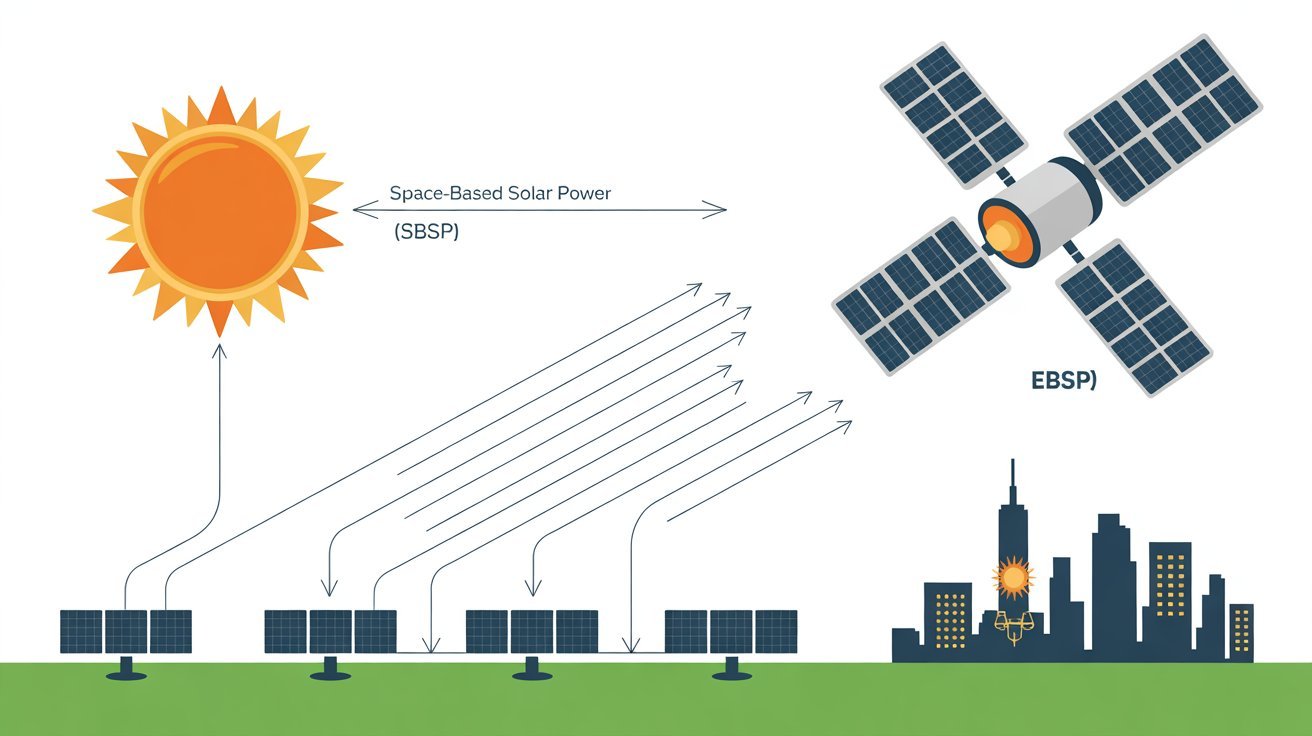 Illustration comparing space-based solar power (SBSP) using satellites with earth-based solar power (EBSP) from ground-mounted solar panels.