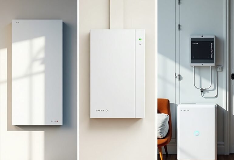 Three-panel promotional image showing Tesla Powerwall 3 on the left, Enphase IQ Battery in the middle, and Anker SOLIX on the right, all in bright U.S. home settings with icons for backup power, solar, and smart control.