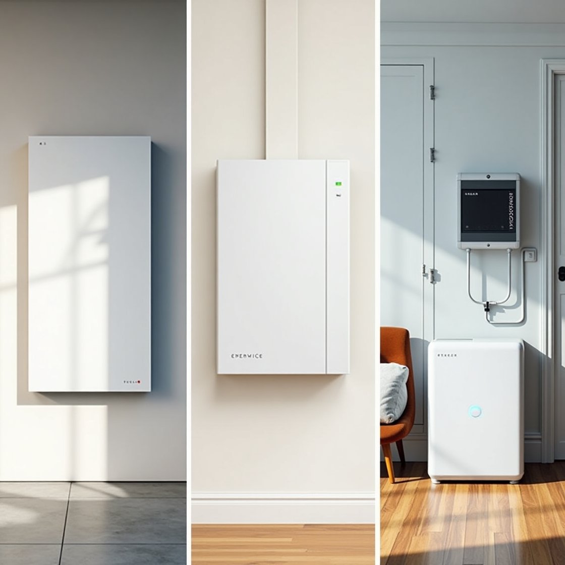 Three-panel promotional image showing Tesla Powerwall 3 on the left, Enphase IQ Battery in the middle, and Anker SOLIX on the right, all in bright U.S. home settings with icons for backup power, solar, and smart control.