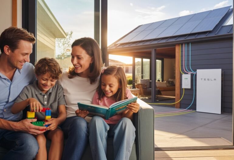 A family sits indoors happily reading and playing, while outside a Tesla Powerwall and solar panels are installed on the home, powering their energy needs.