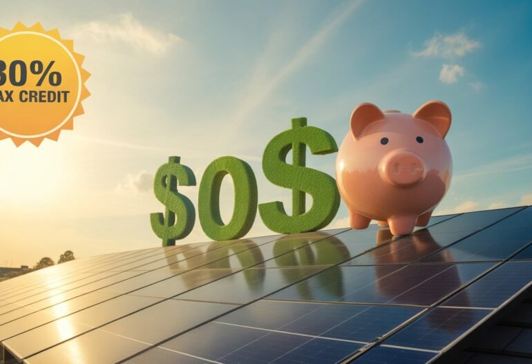 Linear arrangement of sun, solar panel, tax document, dollar sign, and shortened timeline icons with soft gradients