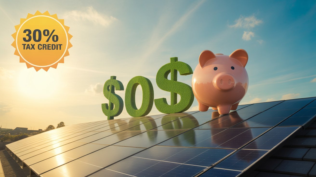 Linear arrangement of sun, solar panel, tax document, dollar sign, and shortened timeline icons with soft gradients