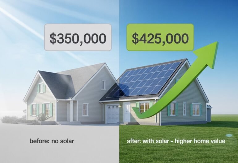 Side-by-side image of the same house, showing a 350,000 value without solar panels and a425,000 value with solar panels and a green upward arrow indicating increased home value.