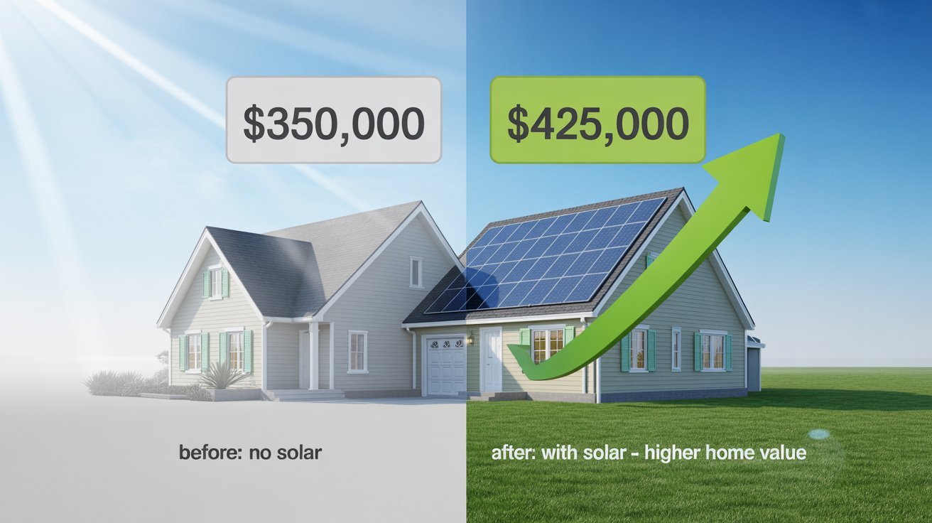 Side-by-side image of the same house, showing a 350,000 value without solar panels and a425,000 value with solar panels and a green upward arrow indicating increased home value.