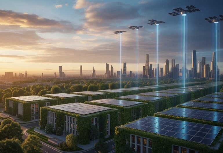 A futuristic cityscape with buildings covered in solar panels and flying drones beaming energy into the skyline at sunset.