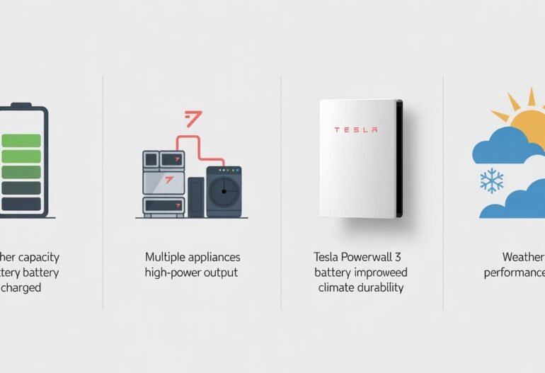 Infographic showing four key benefits of Tesla Powerwall 3: higher battery capacity, support for multiple appliances, improved climate durability, and reliable weather performance.