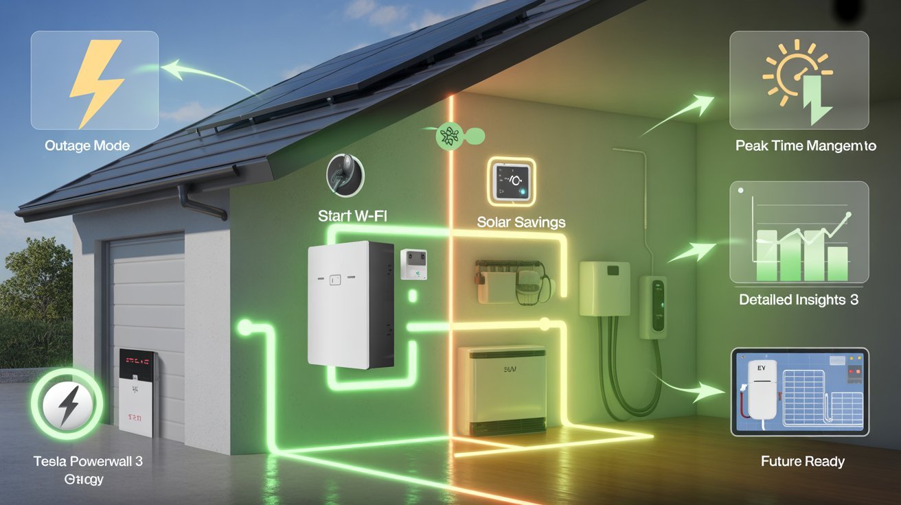 Illustration of a modern smart home energy system featuring Tesla Powerwall 3, solar panels, EV charging, and Wi-Fi-enabled controls with highlights like outage mode, peak time management, solar savings, and future-ready insights.