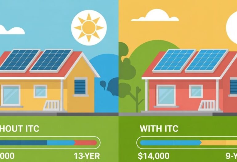 Clean linear banner with icons of sun, solar panel, tax document, dollar sign, and shortened timeline in soft gradients